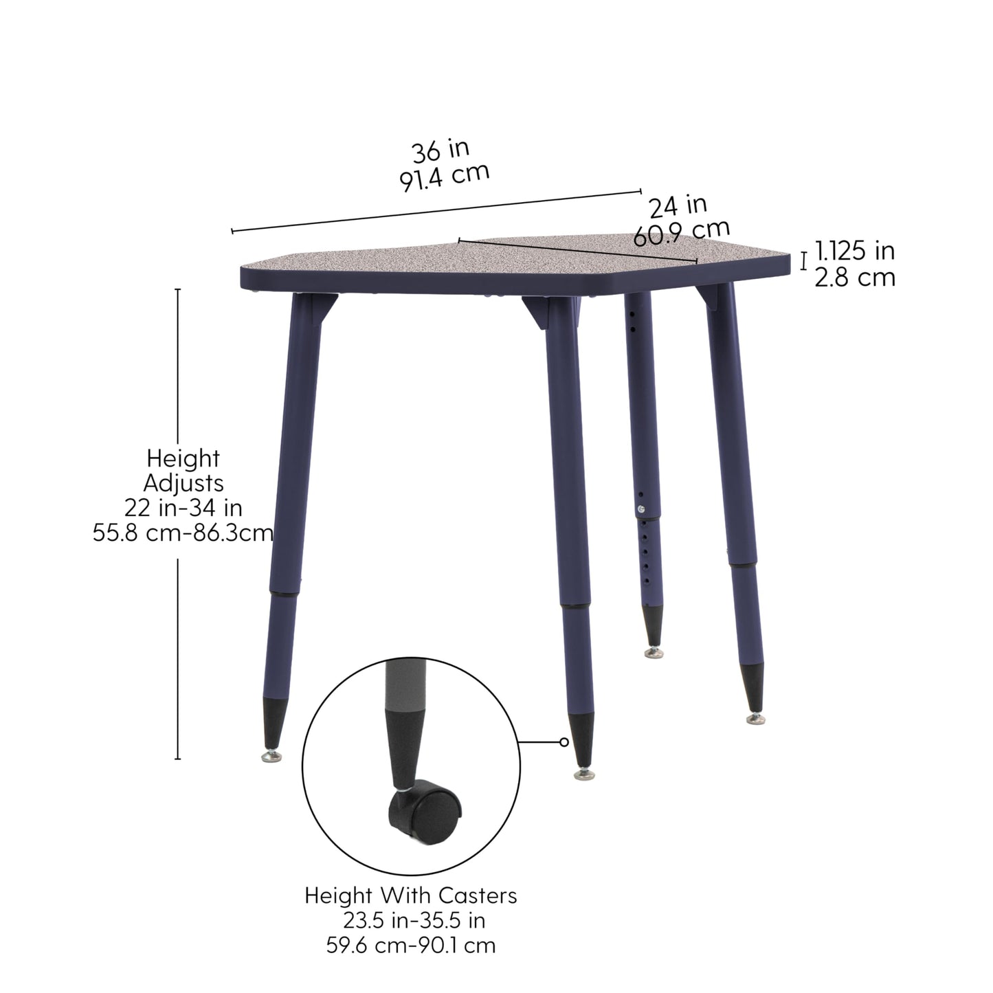 Adapte Commercial Classroom Activity Table - 24" x 36" Petal, ADA Compliant Tapered Legs with Glides & Casters, Adjustable Height 22-34" Wheelchair Accessible, School & Office Furniture