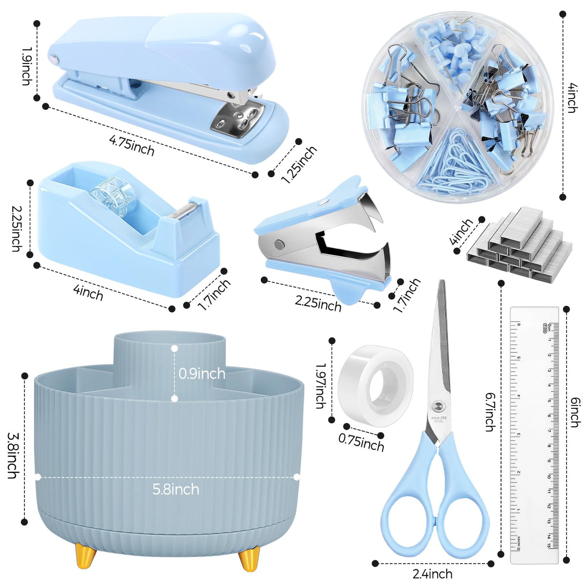 SKYDUE Desk Organizers and Accessories 10Pcs, 360-Degree Rotating Pen Holder, Stapler, Staple Remover, Tape Dispenser,2pcs Tape Refills, Binder Paper Clips Kit, Scissor (Blue)