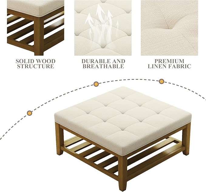 Befurtori Large Square Ottoman Coffee Table, Linen Solid Upholstered Footrest