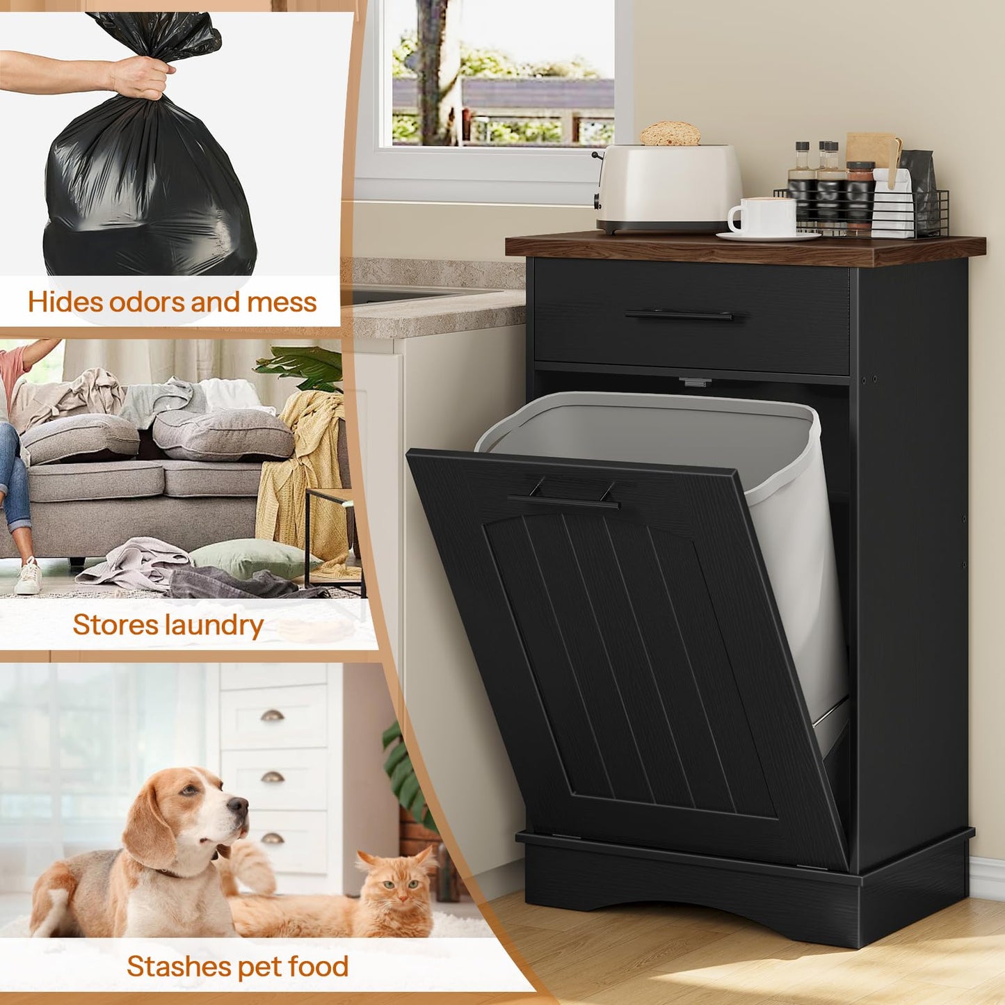 HOOBRO 10 Gallon Tilt Out Trash Cabinet, Kitchen Trash Can, Trash Bin Storage, with Flip Door and Large Drawer, Hidden Laundry Hamper Cabinet, for Kitchen, Laundry, Black and Walnut BH02LJ01