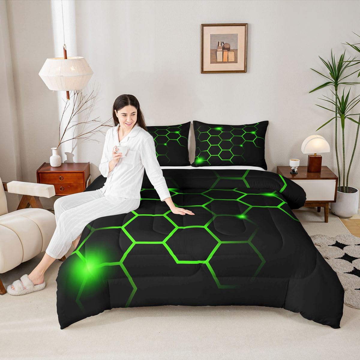 Feelyou Hexagonal Comforter Set Geometric Honeycomb Bedding Set for Kids Adults Neon Green Black Comforter Modern Hexagon Beehive Quilt Set Ultra Soft Room Decor Queen Size Bedroom Collection 3Pcs