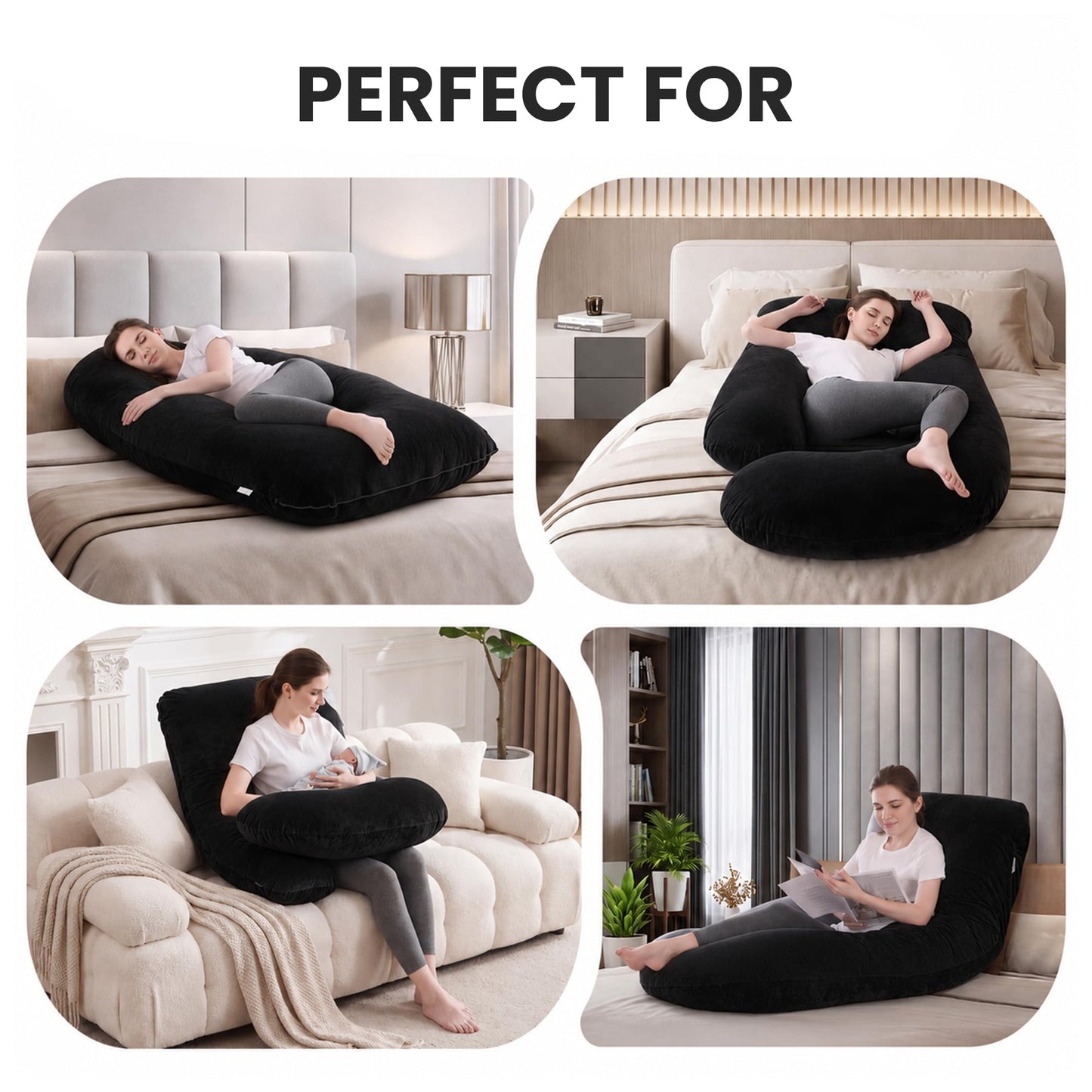 Jcickt Pregnancy Pillow for Sleeping,59 inch Maternity Pillow with Removable Washable Cover,J-Shaped Velvet Full Body Pregnant Pillow -Support for Backs,Legs, Belly, HIPS, Improve Sleep-Black
