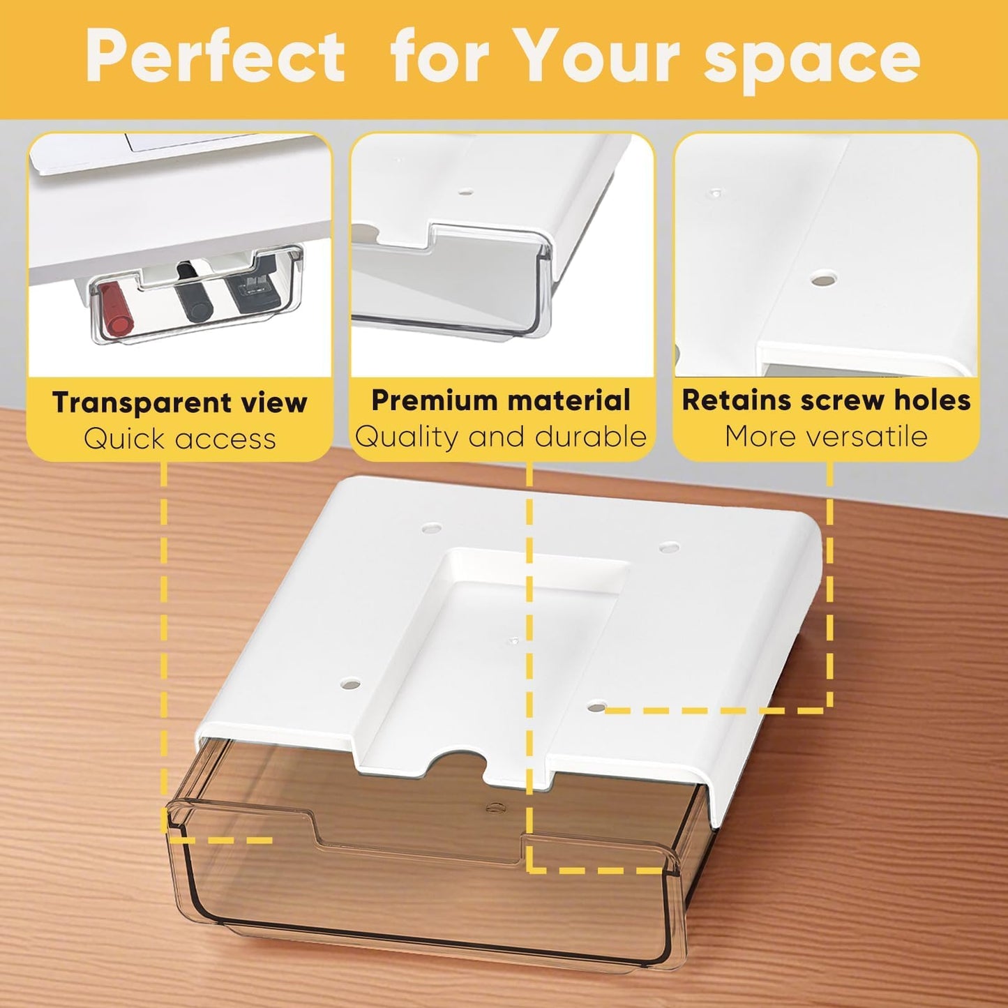 OrgaFocus 2 Pack Under Desk Hanging Drawer Slide Pull Out, Attachable Clear Acrylic Storage Tray, Easy Hidden Self Adhesive Mount Cabinet Shelf Holder for Tables, Home & Office, Counters, Workstation