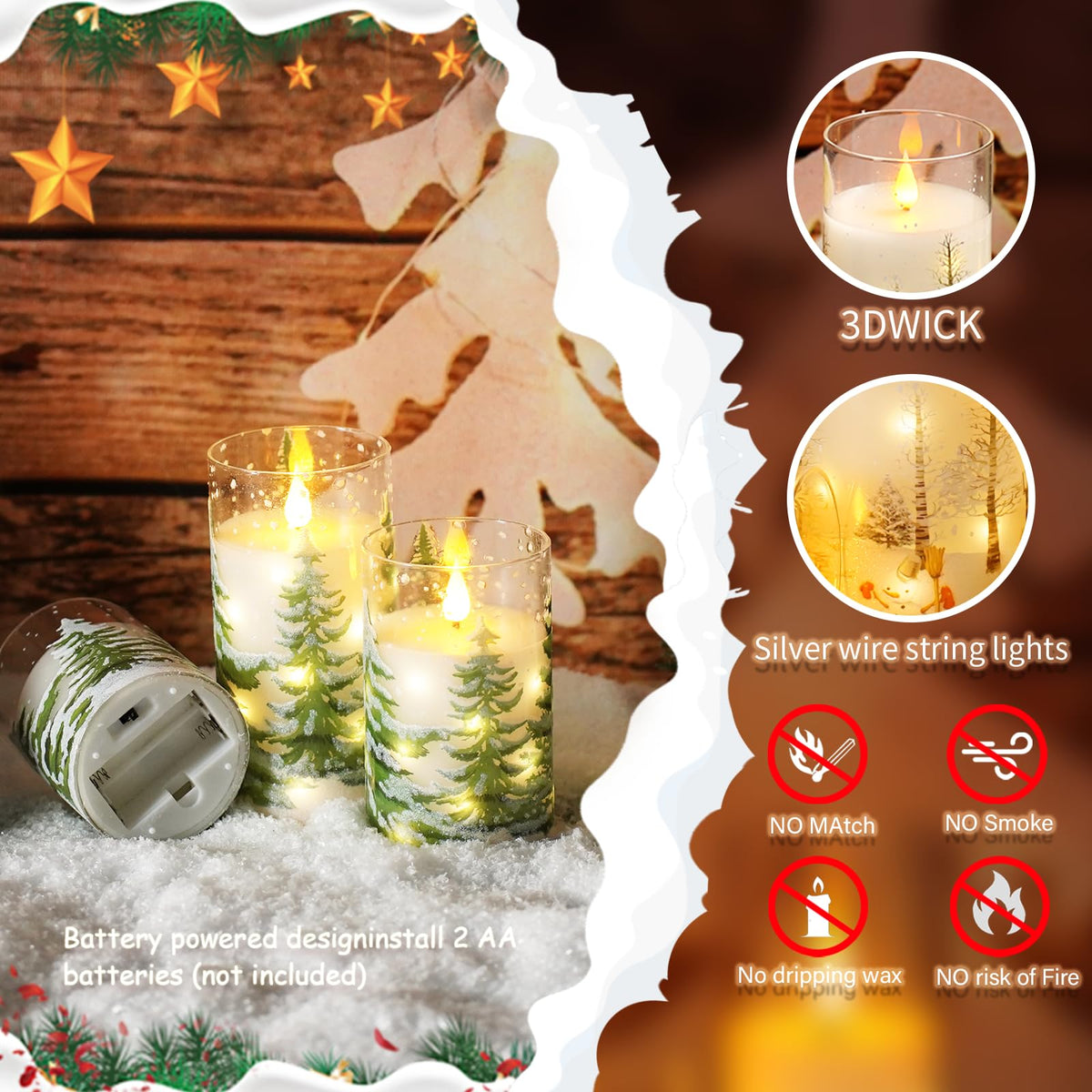 Christmas Flameless Candles with Remote - White LED Candles & String Lights, with Glass casing Battery Operated Set of 3 (D3 x H4/5"/6") for Window Decor, Christmas Decorations,Living Room Decoration
