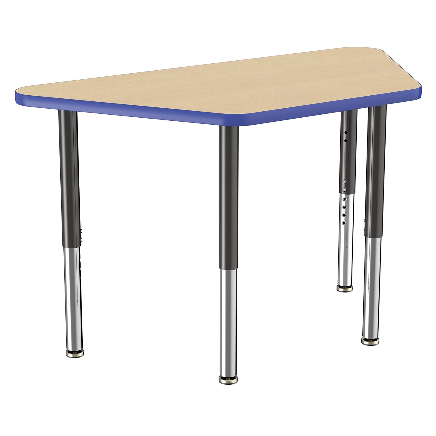 FDP Mobile Trapezoid Activity School and Office Table (24 x 48 inch), Super Legs with Glides and Casters for Collaborative Environments, Adjustable Height 19-30 inches - Maple Top and Blue Edge