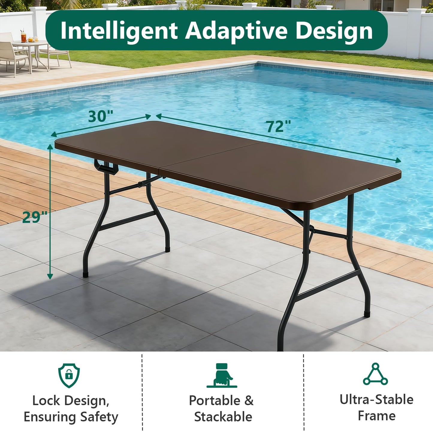 2 Pack Folding Table 6ft - Heavy Duty Plastic Table with Handle, Foldable & Portable, Fold-in-Half Utility Tables for Outdoor, Dining, Wedding, Events, Indoor, Picnic, Camping, Party (Brown)