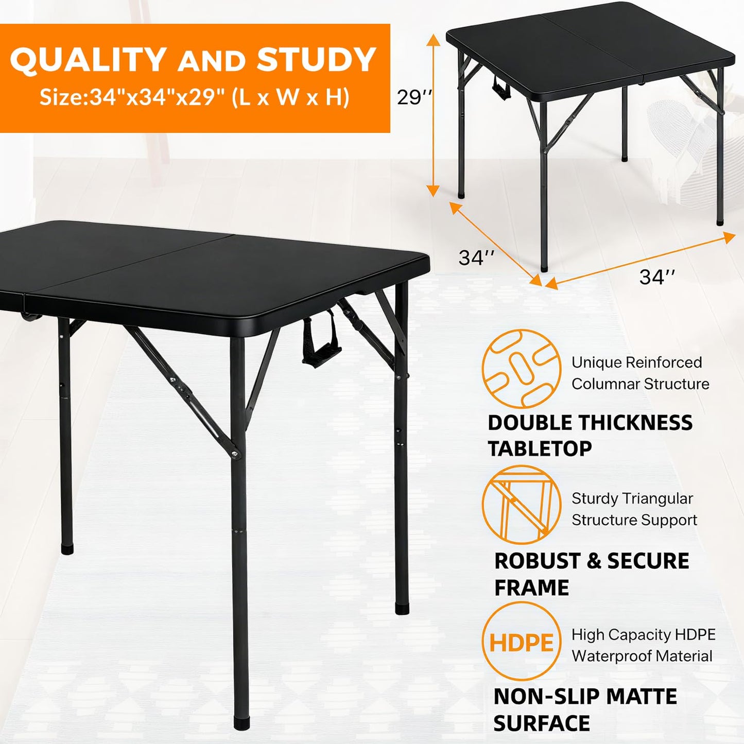 Vampire Killer 34" Square Folding Table, Portable Folding Card Table with Collapsible Legs & Carrying Handle, Plastic Tables for Camping,Picnic, Office, Party,Black