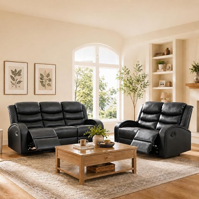 Recliner Sofa Set, 2 Piece Living Room Furniture Set, Leather Recliner Sofa