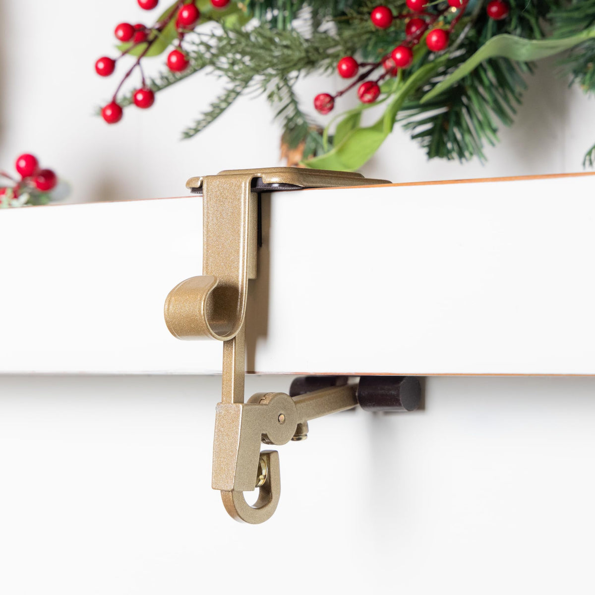 [Fireplace Stocking and Garland Hanger] - Patented Mantle Holder Has Two Hooks - Hold Christmas Stocking and Hang Garland - Durable Wrought Iron - Padded Contact Points (2 Pack - Gold)