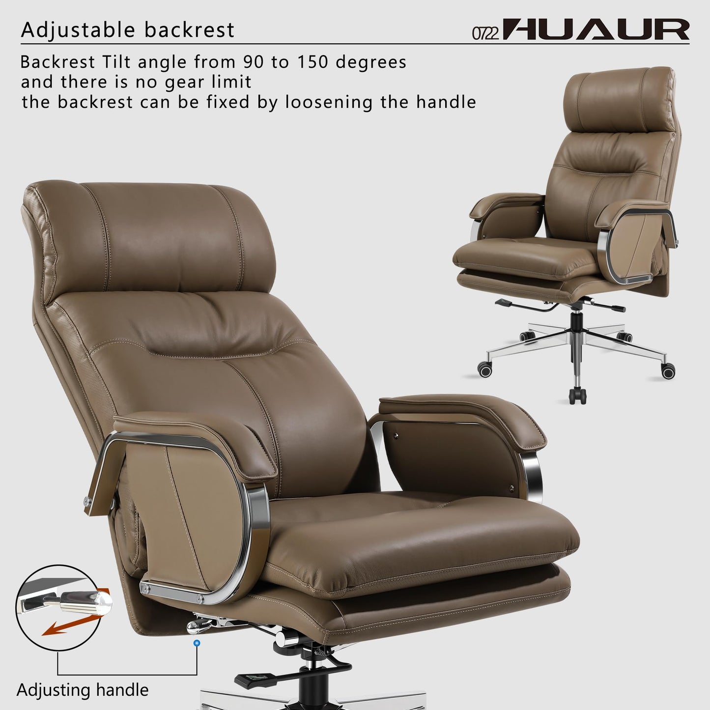 HUAUR Genuine Leather Modern Executive Chair High-Back Support 90 to 150 Degrees Tilt and Upholstered Home Desk Chair with Base 400LB Capacity Swivel Computer Office Chair (Taupe)