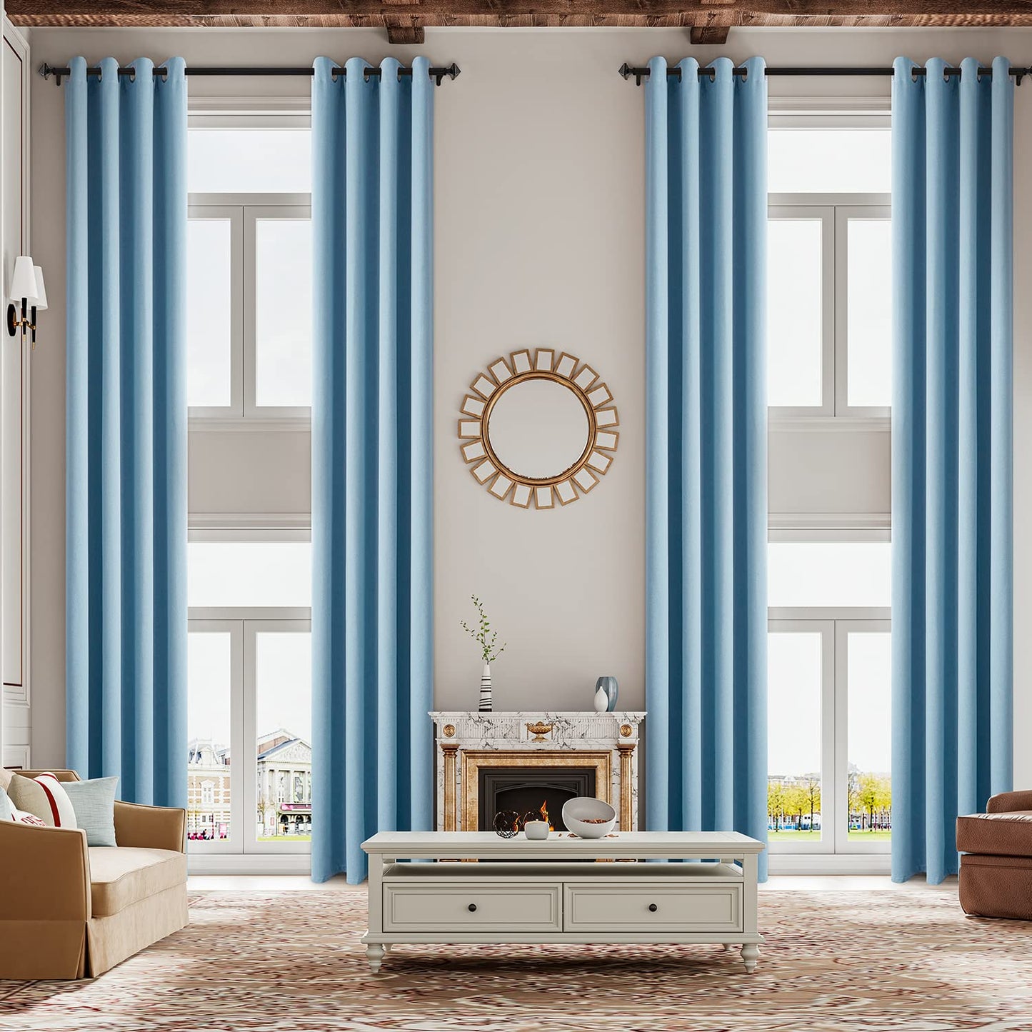Sanceor Blackout Extra Long Faux Linen Curtain 12ft Length,Grommet on Top, 2 Story House Drapery for High Ceiling,Tall Window,Great Room(Light Blue,1 Panel,52 x 144 Inch)