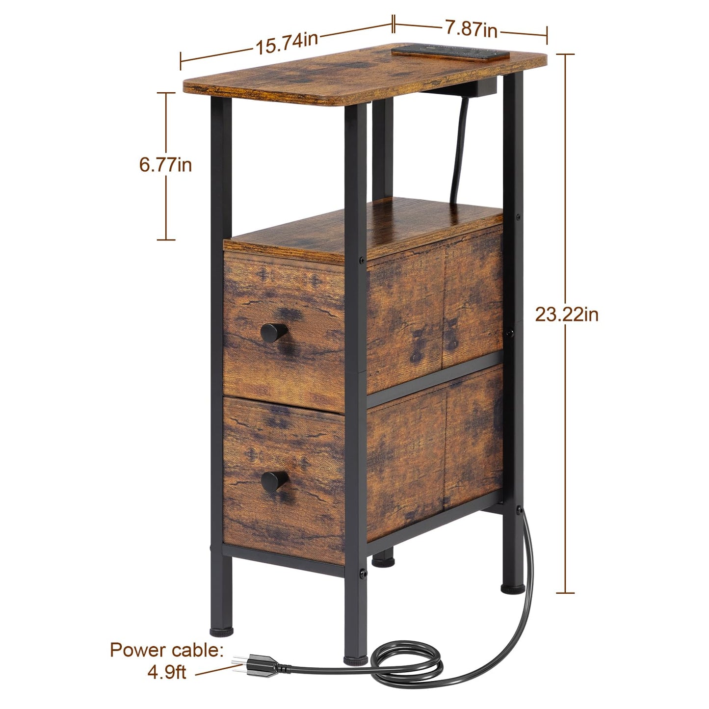 LOAKEKEL Narrow End Table Living Room with Charging Station, Skinny Side Table with Fabric Drawers, Slim LED Nightstand for Bedroom, Small Spaces, Couch, Rustic Brown, HETNDP02LPBR-1