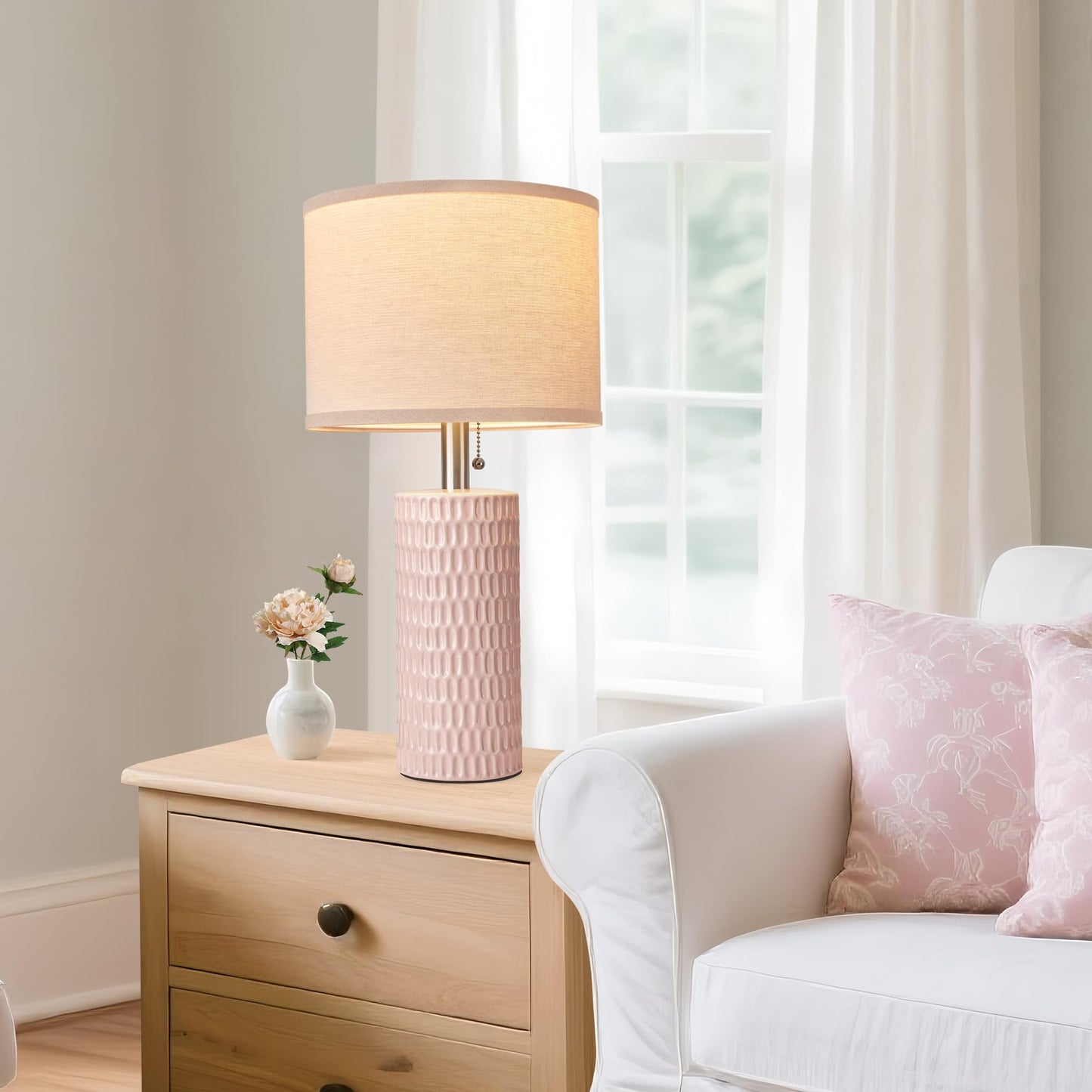 Reaketon 20.5" Modern Ceramic Table Lamps for Bedroom Set of 2, Bedside Lamps for Night Stands with Beige Lampshade, Farmhouse Table Lamp for Living Room Office Dorm, Pink