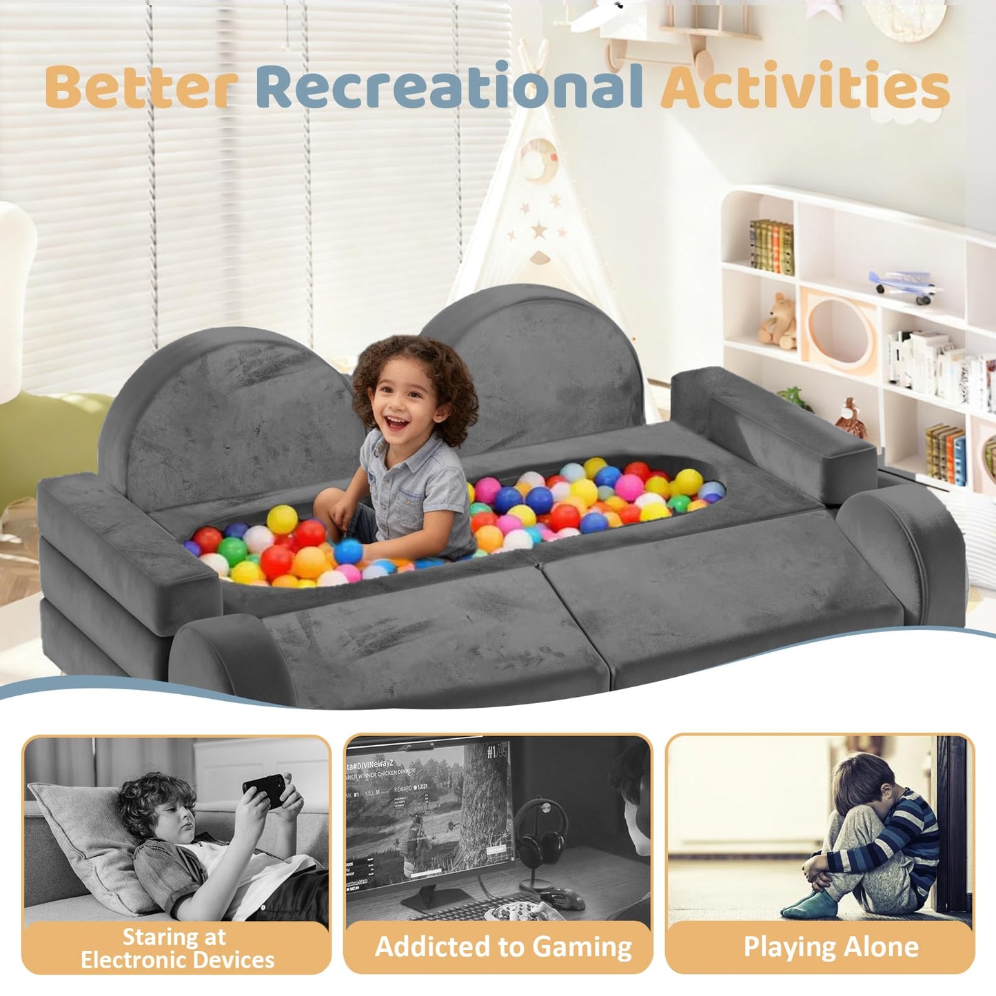 Decmuerx 12pcs Modular Kids Play Couch - CPC Certified Convertible Toddler Sectional Sofa, Washable Durable Foam Floor Cushion for Kids Playroom (Play Fort/Castle)