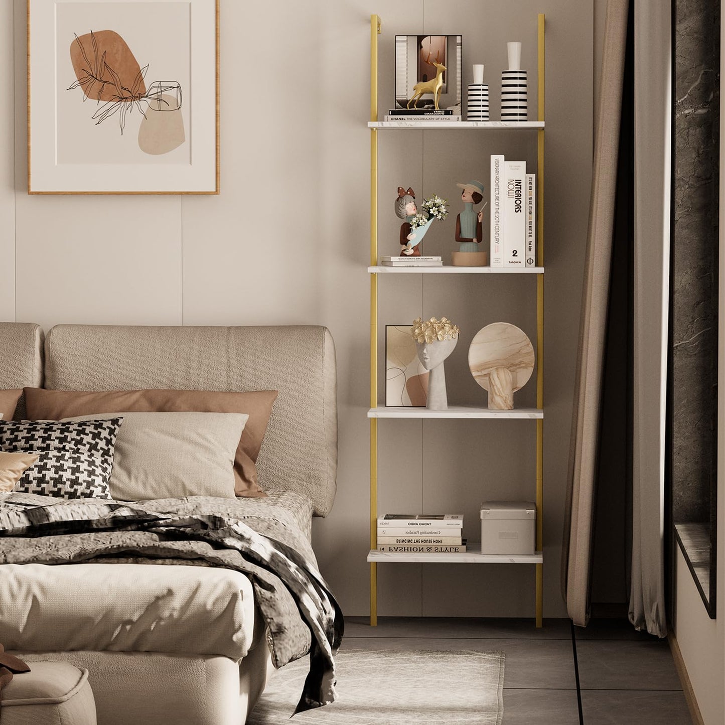 Wolawu Ladder Shelf 4 Tiers Metal Industrial Bookshelf,White Marble Wood Tall Open Storage Rack and Display Shelves,Wall Mount Wide Book Case for Home Office Bedroom,Small