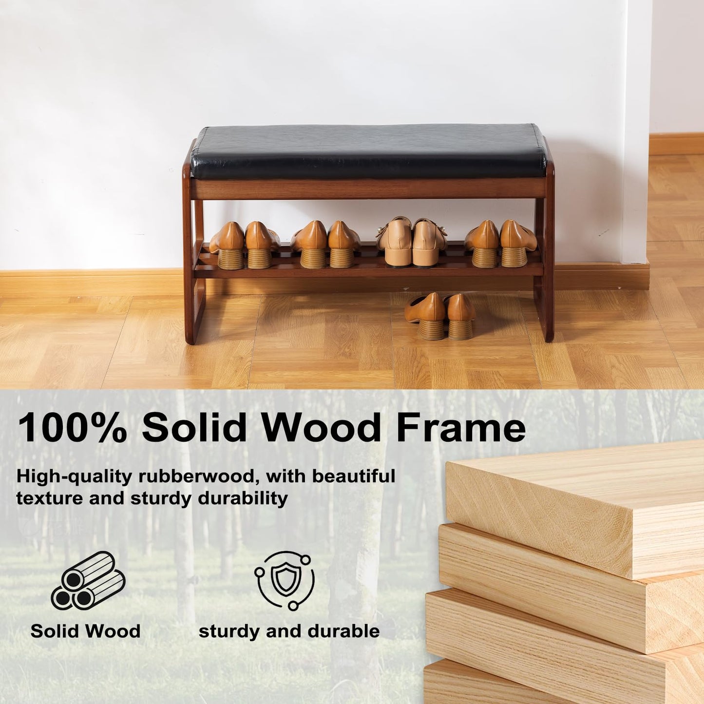 SOBIBO Solid Wood Shoe Bench, 2-Tier Wooden Entryway Bench, Modern Shoe Rack with Cushion for Hallway, Living Room (Black, 31.5'')