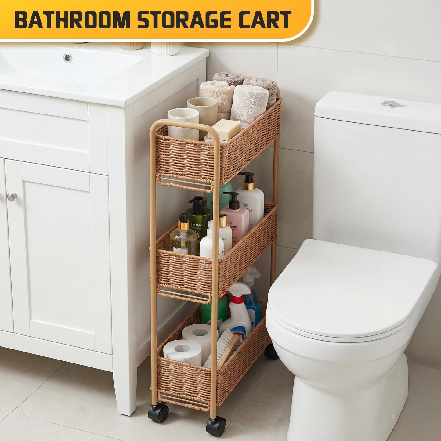 FOCHIER F Utility Slim Storage Cart,3-Tier Rolling Kitchen Office Laundry Room Cart,Mobile Shelving Unit Organizer for Living Room Bathroom Baby Diaper Narrow Places (Natural, 3 Tiers-7.1 inch (W))