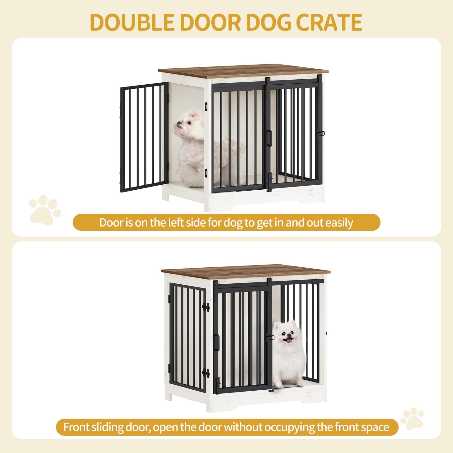 Hzuaneri 27.2" Dog Crate Furniture with Barn Door, Heavy Duty Dog Kennel Indoor with 2 Doors, Wooden Pet Cage End Table for Small Medium Dogs up to 22 lb, Anti-Chew Anti-Escape, White Brown DFC84314B