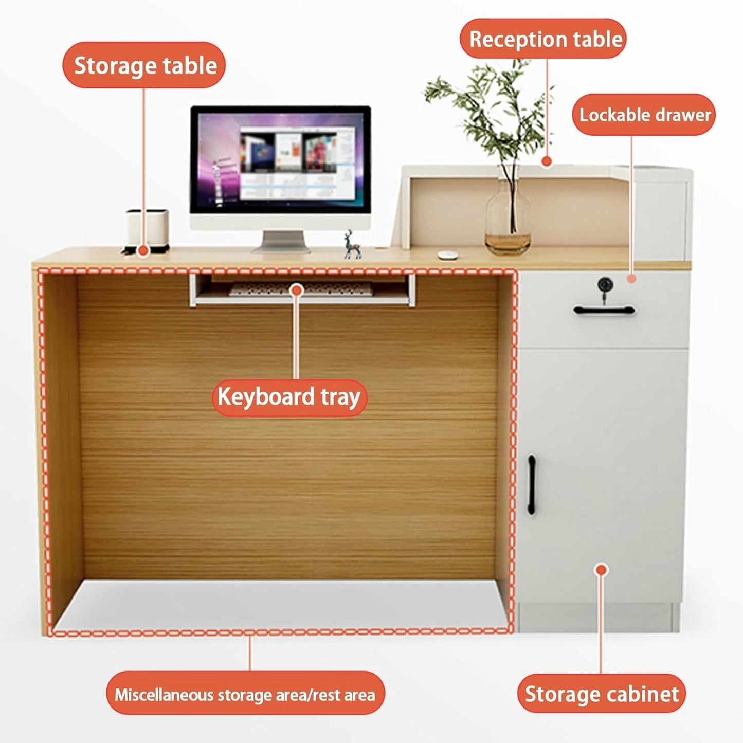 WRTYHGVGT Reception Desk, Front Counter Desk, Reception Room Tables with Lockable Drawer and Keyboard Holder, Simple Retail Checkout Counter, for Clothing Salon Shop Hotel(White,140cm/55.1in)