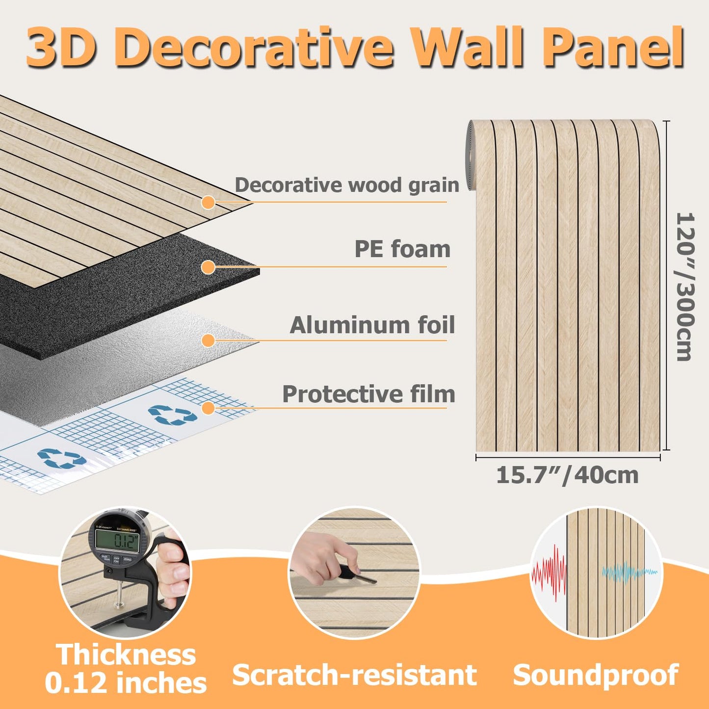 Arthome Peel and Stick Slat Wall Panels 15.7 "x120,Self-Adhesive PVC Wood Grain Wallpaper Panel,3D Thick Faux Soundproof Backsplash Accent Wall Tile for Walls & Furniture (Beige- Coverage 13 Sq.ft)