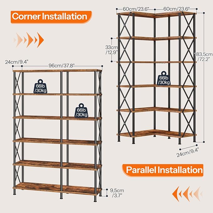HOOBRO Corner Bookshelf, 6-Tier L-Shaped Bookcase, Industrial Open Display