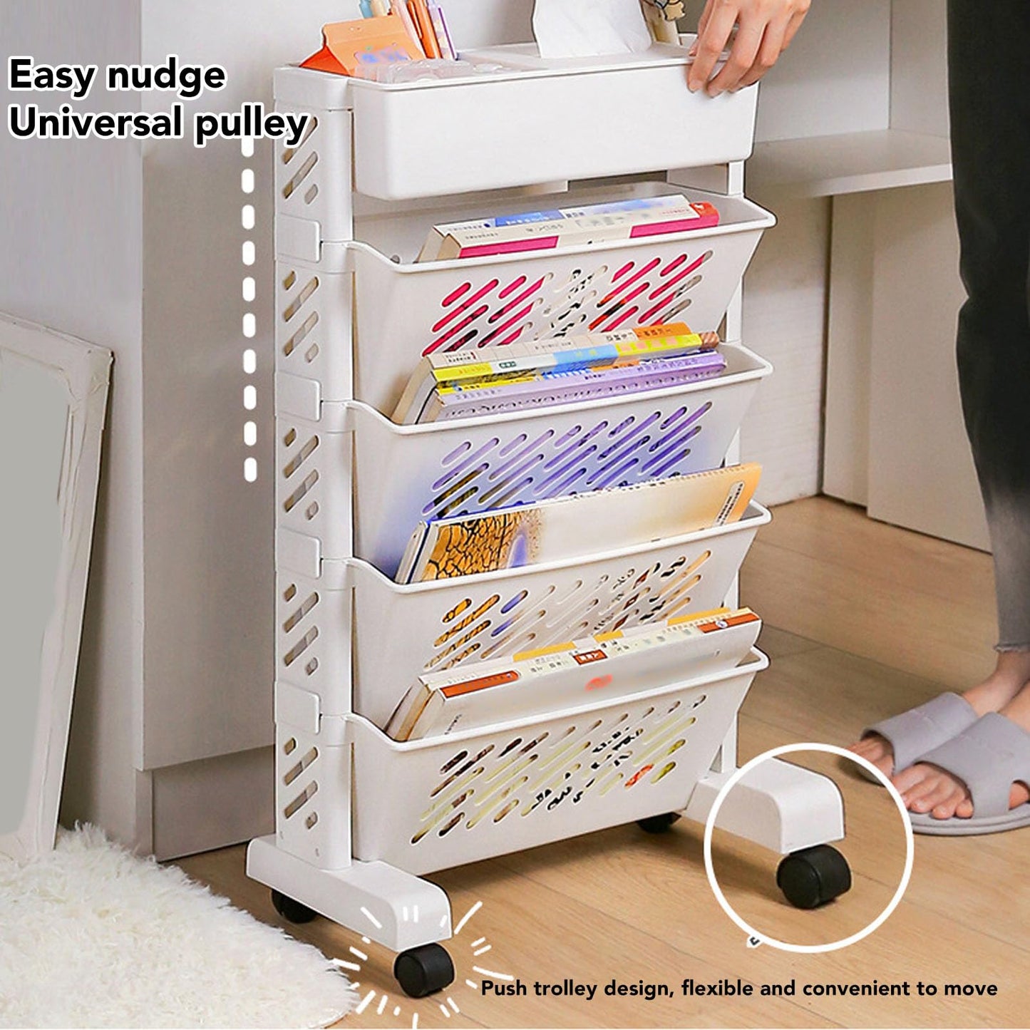Removable Plastic Bookshelf for Home Study Room - 5 Tiers Mobile Storage Organizer Shelf With Wheels - Book Rack Cart