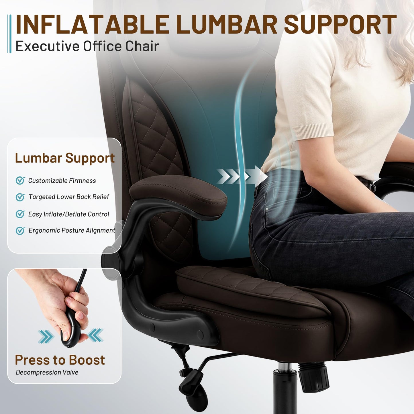 Hayelf Ergonomic Office Chair, PU Leather High Back Executive Chair with Adjustable Inflatable Lumbar Support and Padded Flip-Up Arms, Recline Swivel Task Computer Chair for Home Office, Dark Brown