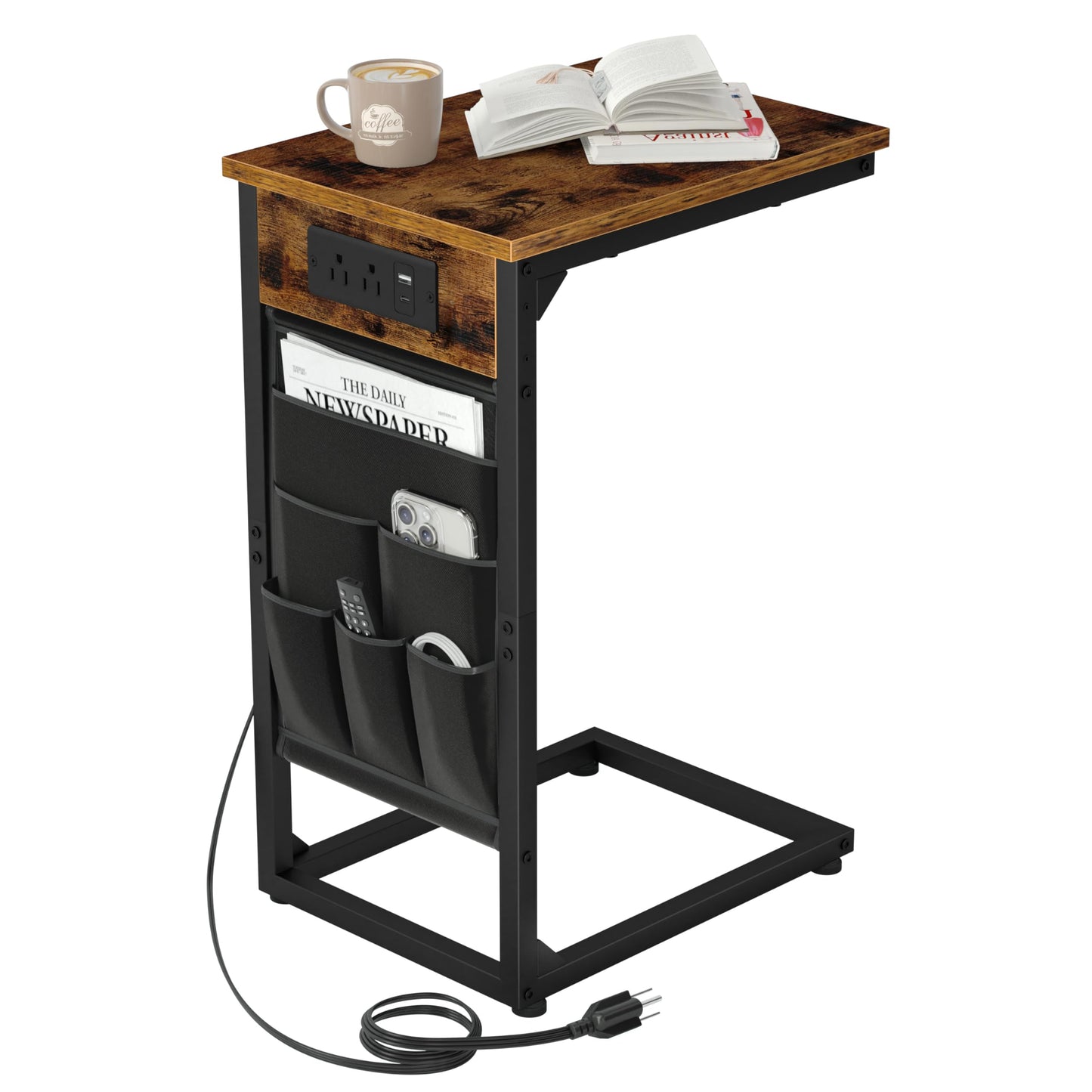 AMHANCIBLE C Shaped End Table with Charging Station, TV Tray Couch Tables with Storage Bag, Slide Under Sofa Side Side Table with USB Ports and Outlets for Living Room, Rustic Brown, HET04CBR-1