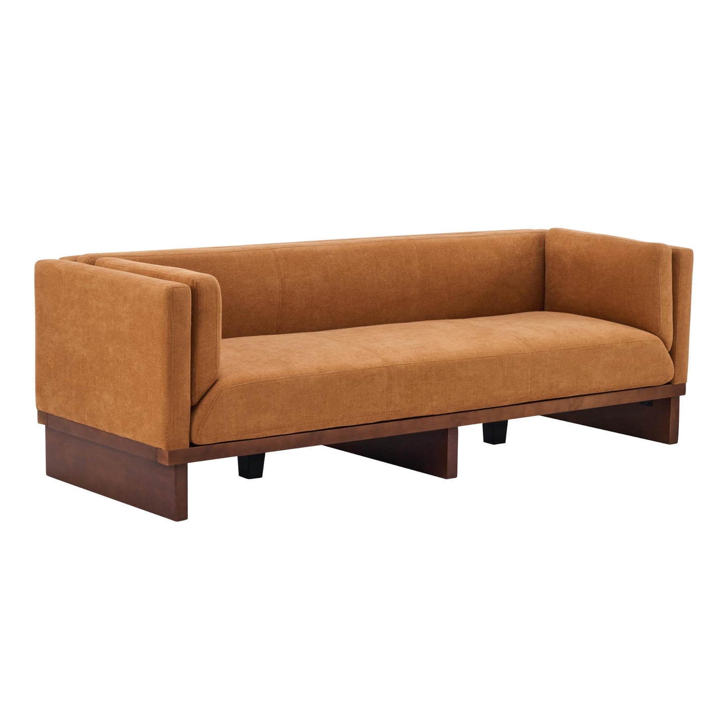 Christopher Knight Home 87" Recessed Modern Sofa Couch, 3 Seater Deep Seat Upholstered Polyester Fabric Sofa with Straight Back, Arms & Solid Wood Frame, Accent Sofa for Living Room Bedroom, Caramel