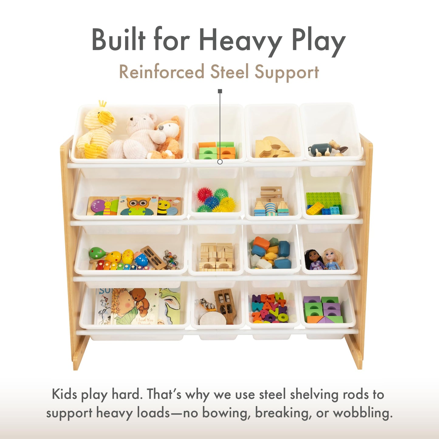 Humble Crew Toy Storage Organizer with 16 Removable Storage Bins for Kids Playroom, 4-Tier Toddler Toy Organization and Storage, Natural Wood/White