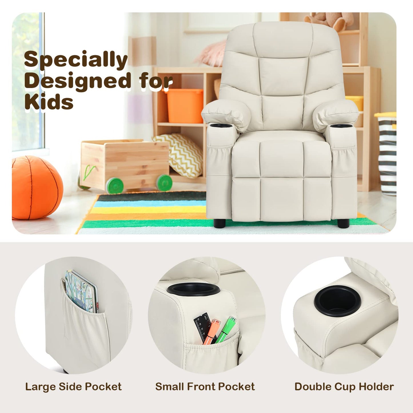 Costzon Kids Recliner Chair with Cup Holder, Adjustable Lounge Chair w/Footrest & Side Pockets for Children Boys Girls Room, Ergonomic Toddler Furniture Sofa, Kids Recliner (Beige)