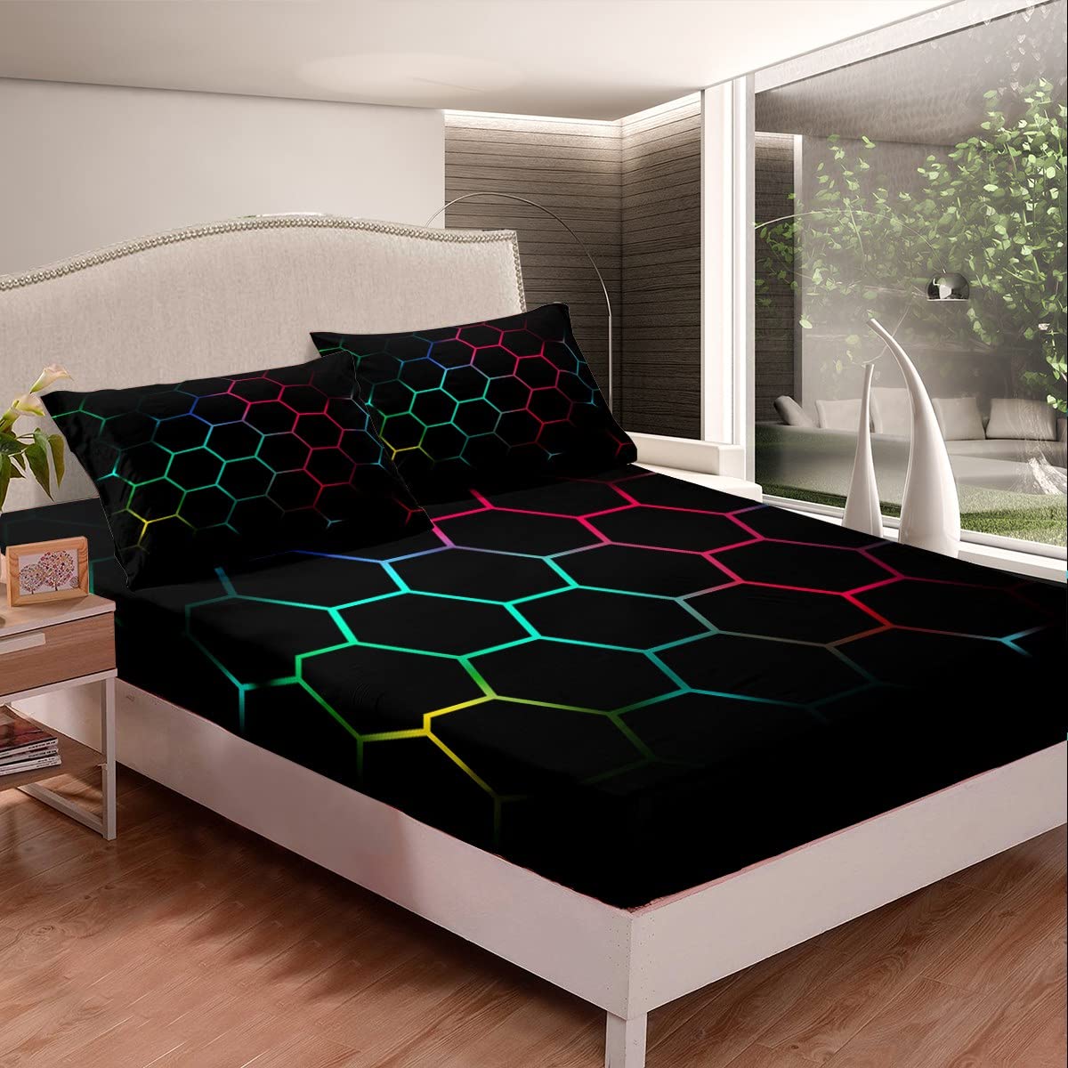 Feelyou Teal and Blue Red Yellow Bed Sheet Set Hexagonal Bedding Sheets Kids Boys Teens Honeycomb Decor Bedding Fitted Sheet Beehive Simplistic Geometric Bed Cover Bedroom Collection 2Pcs Twin Size