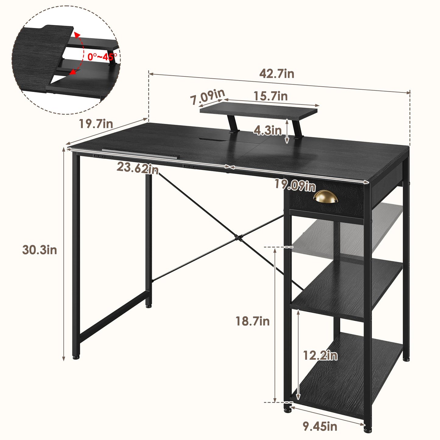 X-cosrack Drafting Table with Storage Shelves & Drawer, 43" Adjustable Art Desk with Monitor Stand for Home Office Computer, Tiltable Draft Drawing Table for Artist, Study, Writing Workstation, Black