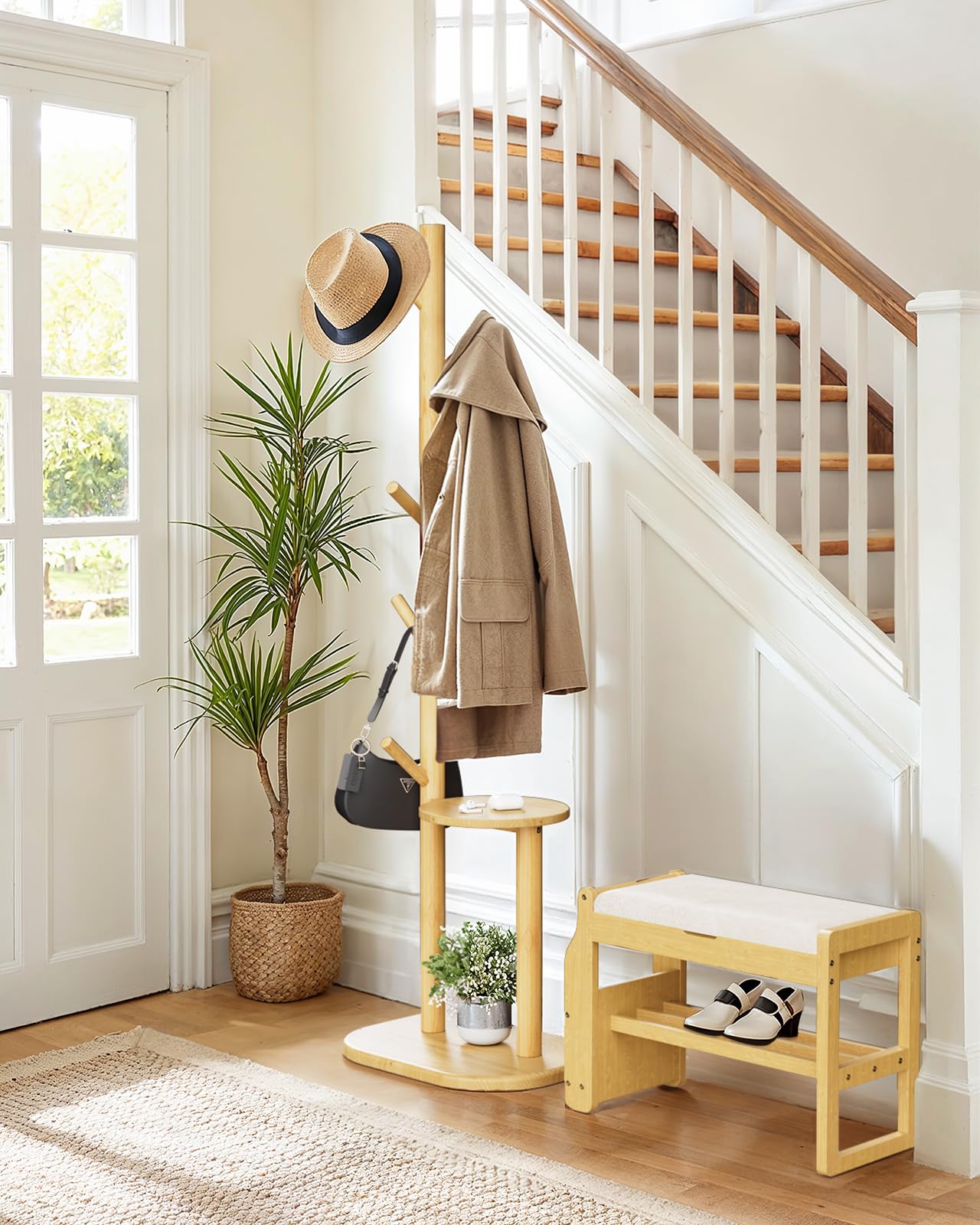 Pipishell Coat Rack, Freestanding Hall Tree with 8 Hooks & Storage Shelf, Solid Wood Base, 66.3″ Tall Coat Rack Stand for Coats, Hats, Bag in Entryway, Bedroom, Living Room, Wood, PIFCR11N