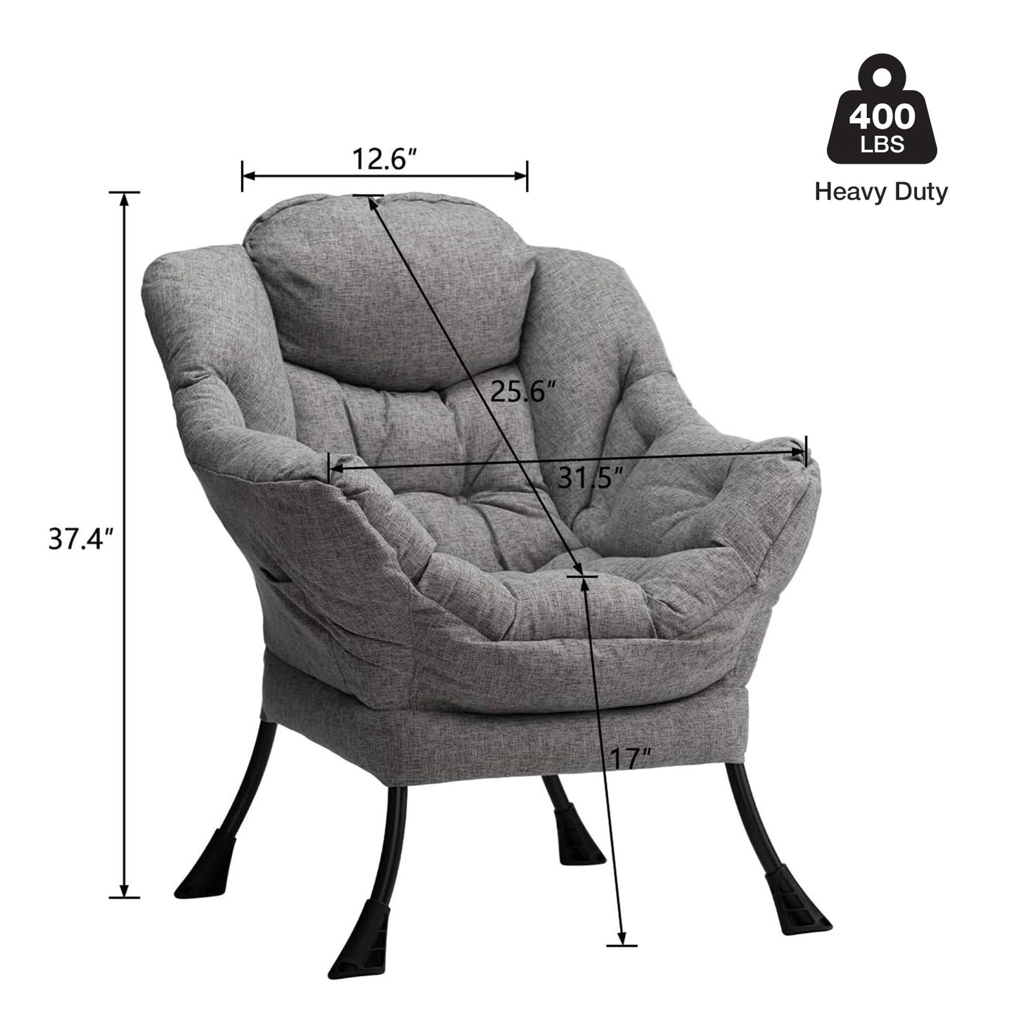 HollyHOME Lazy Chair with Armrest and Side Pocket, Comfy Accent Lounge Chair,Leisure Sofa Armchair for Living Room, Bedroom, Dorm, or Small Spaces, Oversized Reading Sofa Chair,Cotton-Linen Grey