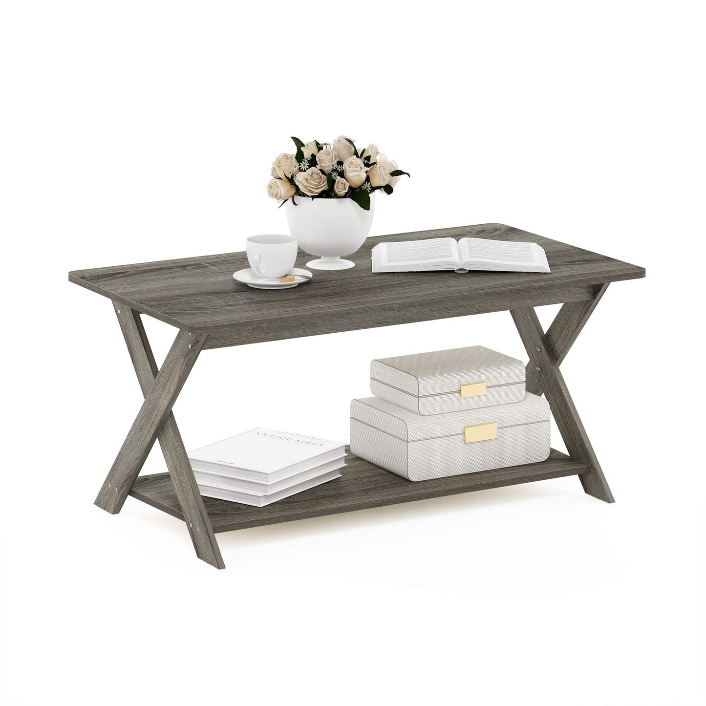 Furinno Modern Simplistic Criss-Crossed Coffee Table, 35.4 in x 19.6 in x 16 in, French Oak Grey