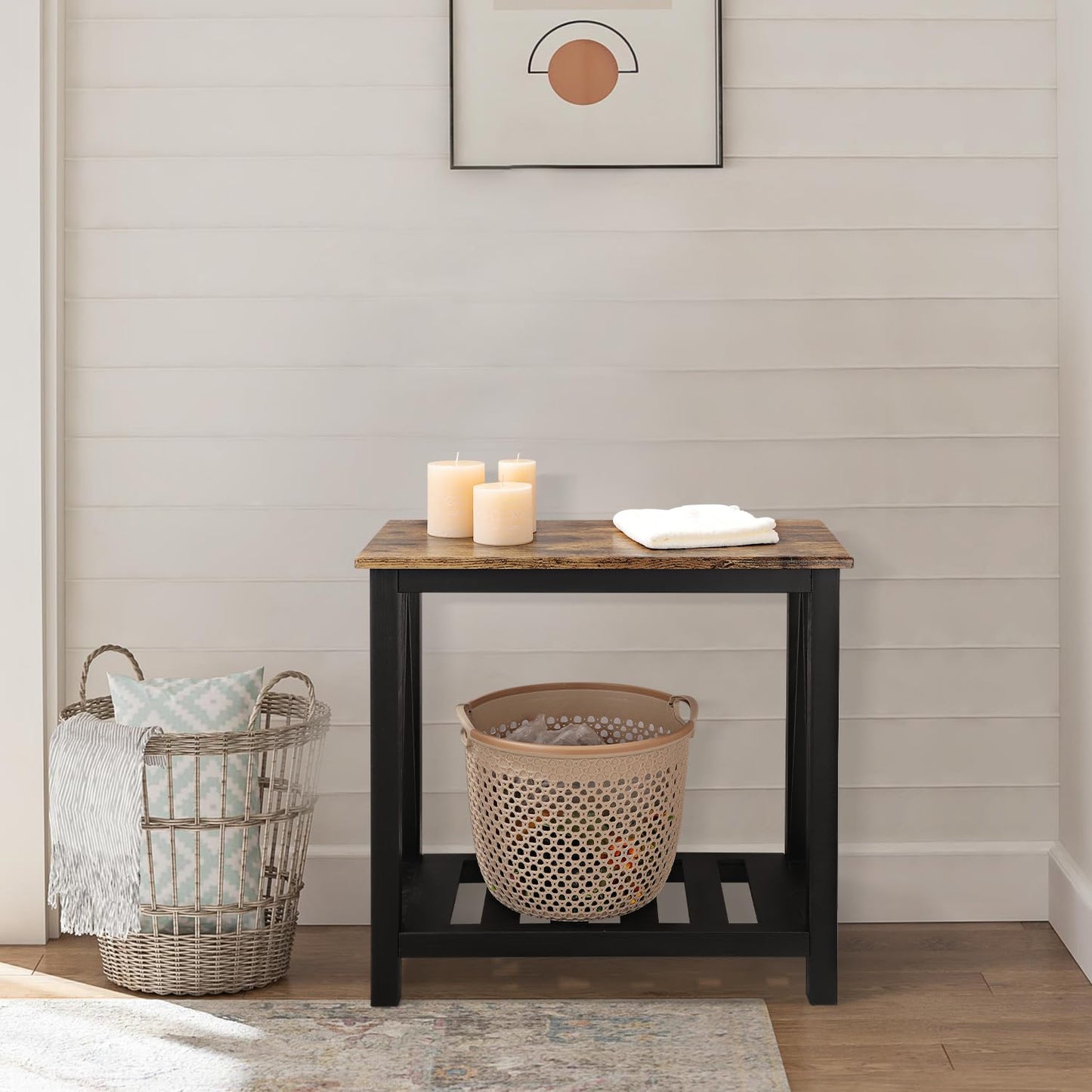 Narrow Side Table Rectangular End Tables with Storage Shelf Small Industrial Nightstands Bedside Table for Small Spaces Living Room Bedroom Bathroom Brown Smooth Tabletop and Black Legs