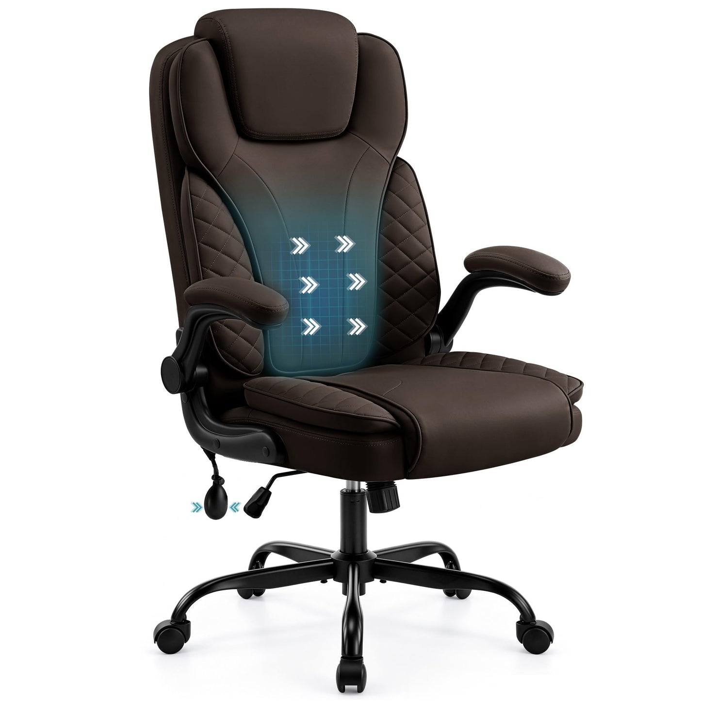 Hayelf Ergonomic Office Chair, PU Leather High Back Executive Chair with Adjustable Inflatable Lumbar Support and Padded Flip-Up Arms, Recline Swivel Task Computer Chair for Home Office, Dark Brown