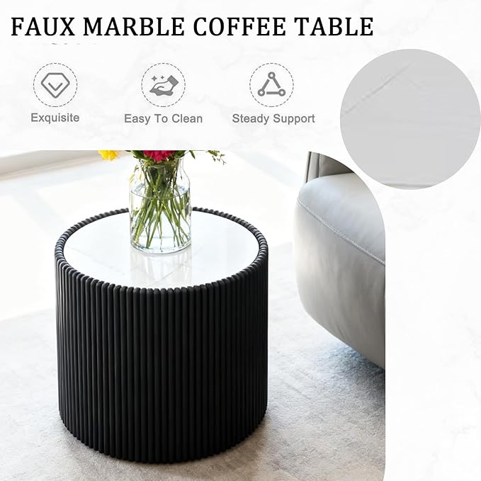 Round Marble Coffee Table Set of 2, 2 Piece White Coffee Table and End Table Set