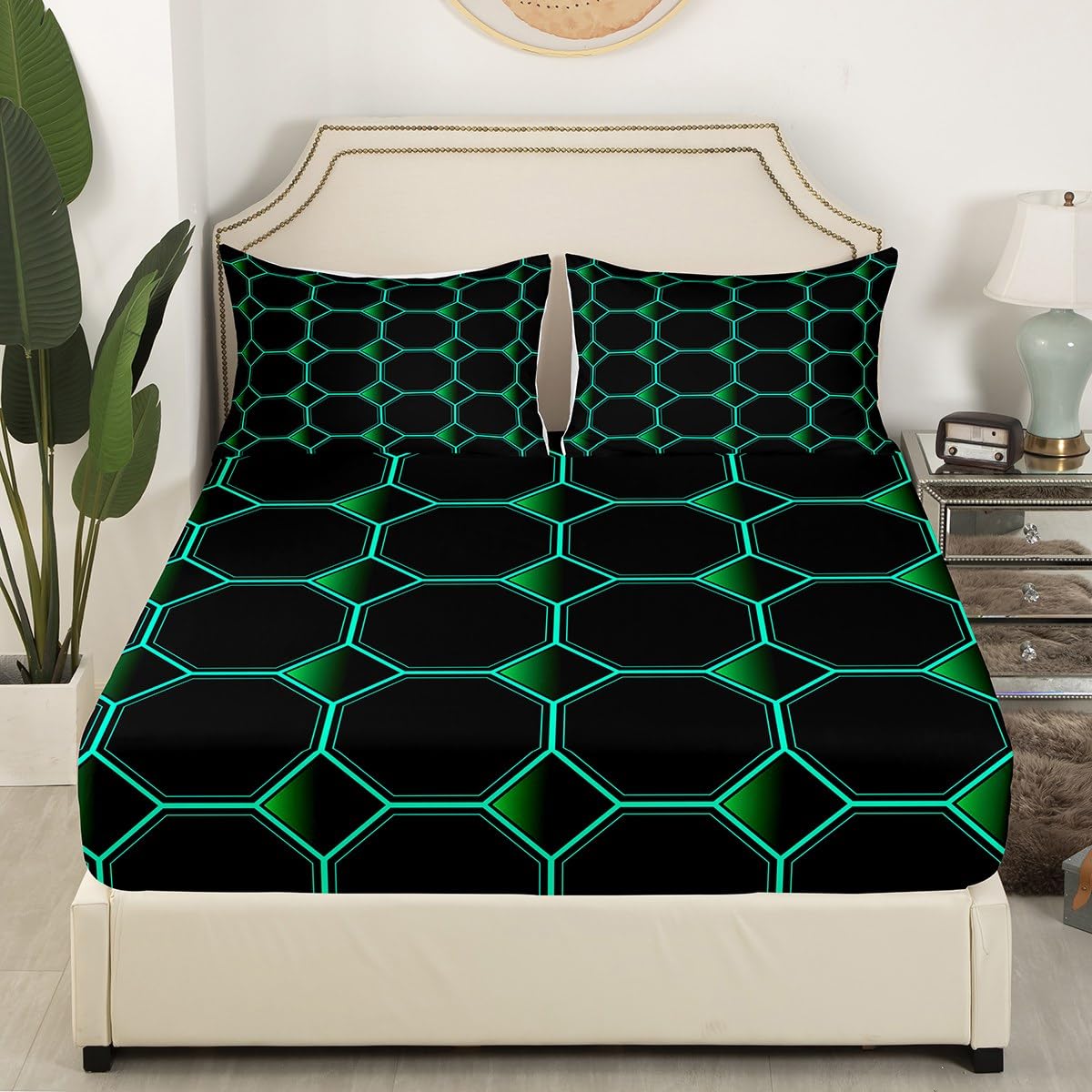 Honeycomb Bed Sheets Set Queen Size Geometric Hexagonal Beehive Sheet Set for Boys,3D Stereoscopic Green Hexagon Sheets,Neon Simplistic Geometrical Black Room Decor