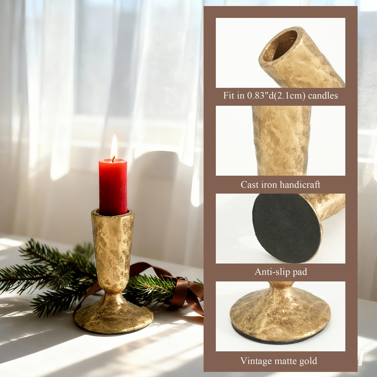 DENDROVIA Gold Cast Iron Candle Holders Set of 2 - Antique Brass Gold Metal Taper Candle Stick Holders for Table - Wrought Iron Candle Holder for Centerpiece, Mantel, Wedding, Party, Christmas Decor
