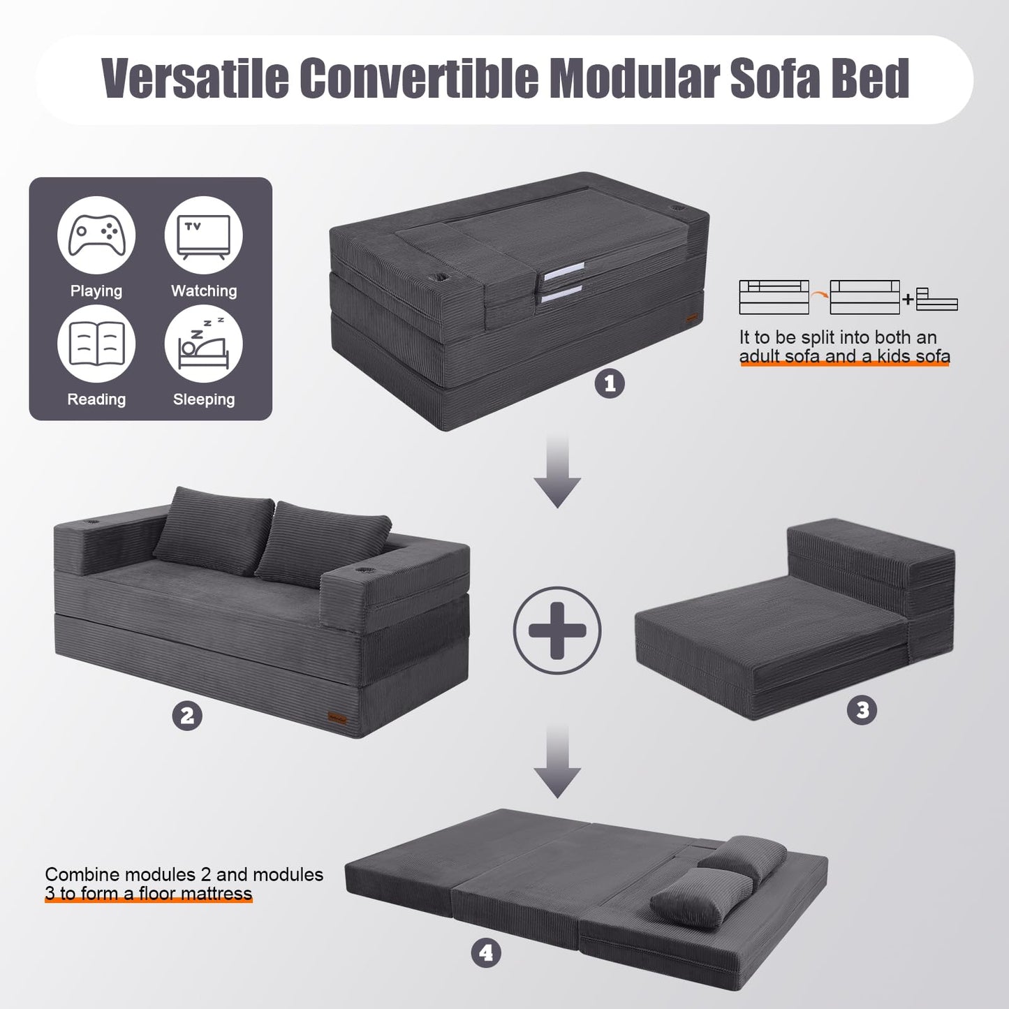 MeMoreCool Futon Couch Convertible Sofa Bed Queen, Folding Floor Couch Bed with Pillow, Corduroy Grey Foldable Sofa Sleeper, Fold Out Boneless Loveseat Lounge for Living Room Small Spaces