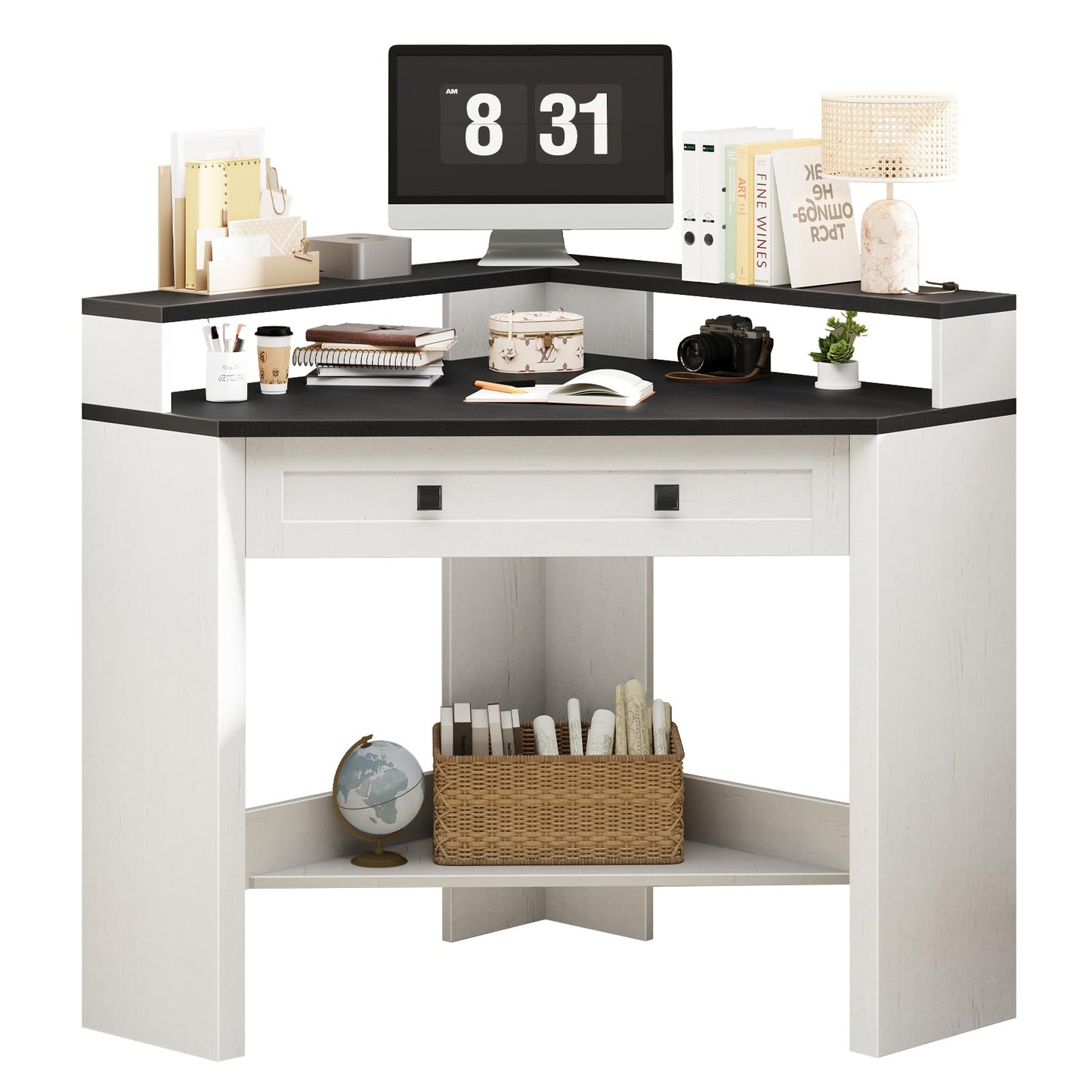 Small Corner Desk, Corner Desk for Small Space, Farmhouse Computer Desk with Drawer, Triangle Computer Desk with Storage Shelf and Monitor Stand for Home Office, Living Room (Rustic White/Black)