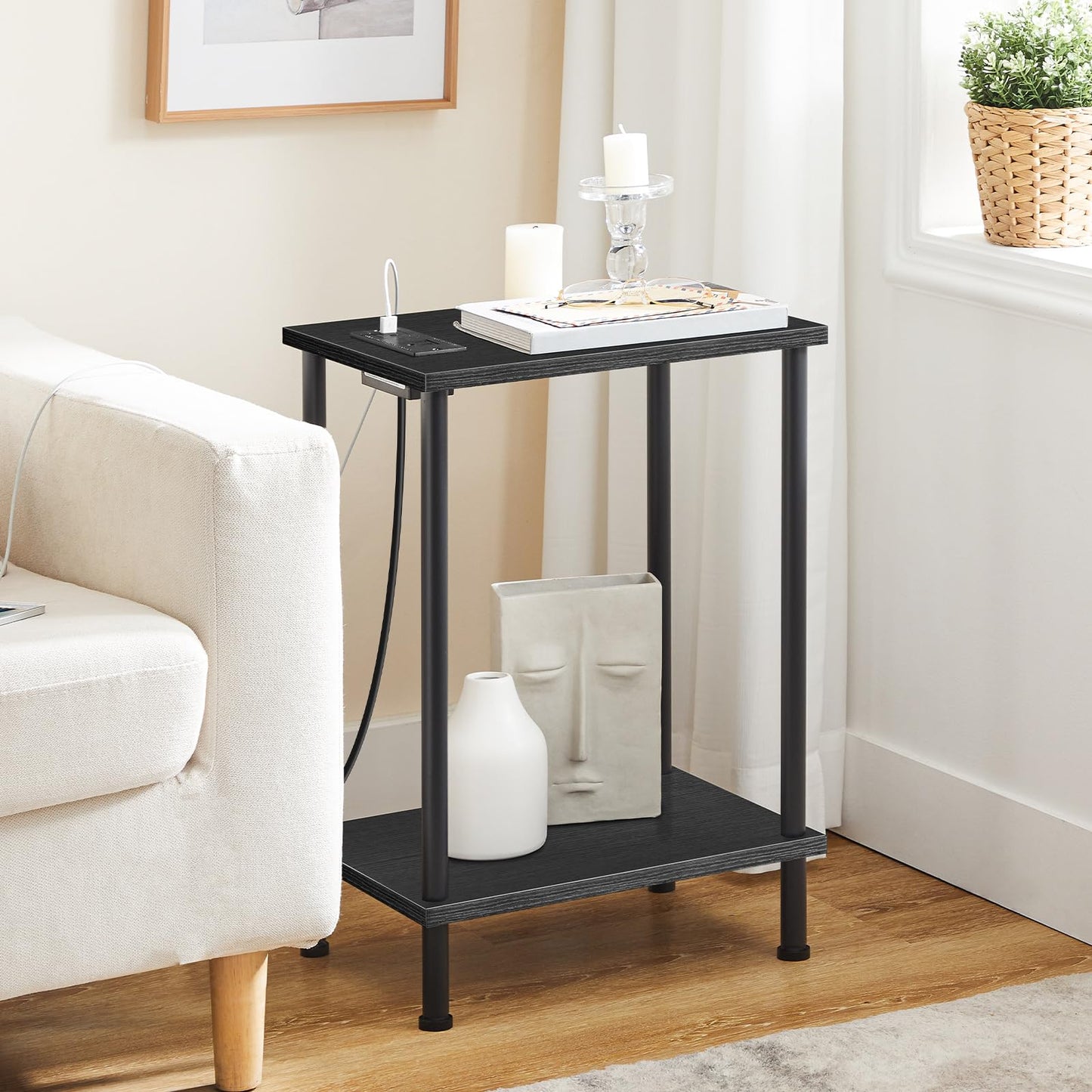 HOOBRO Side Table with Charging Station, End Table with USB Port and Outlets, Nightstand with 2-Layer Storage Shelves for Small Spaces, Living Room, Bedroom, Black BK09UBZ01