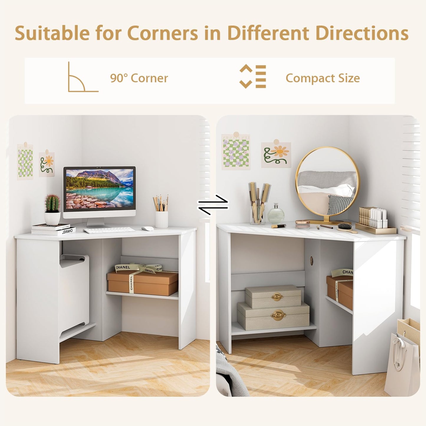 Tangkula White Corner Desk - 90 Degrees Triangle for Computer, Small Space, Bedroom, Makeup Vanity Desk with Storage Shelves & CPU Stand, Space Saving Writing Desk