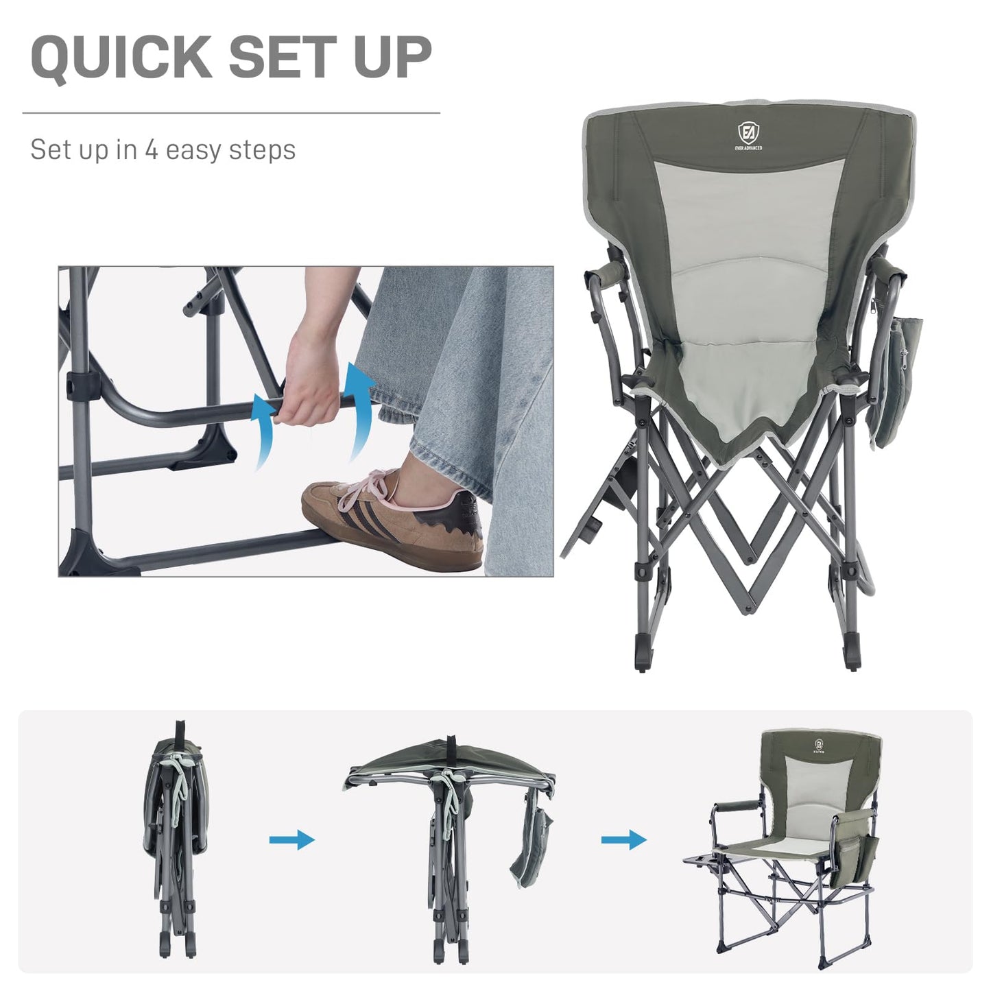 EVER ADVANCED Camping Directors' Chair with Side Table, Portable Folding Chair with Compact Size, Heavy Duty with Pocket for Camping, Lawn, Sports and Fishing, 400lbs, Green 2 Pack