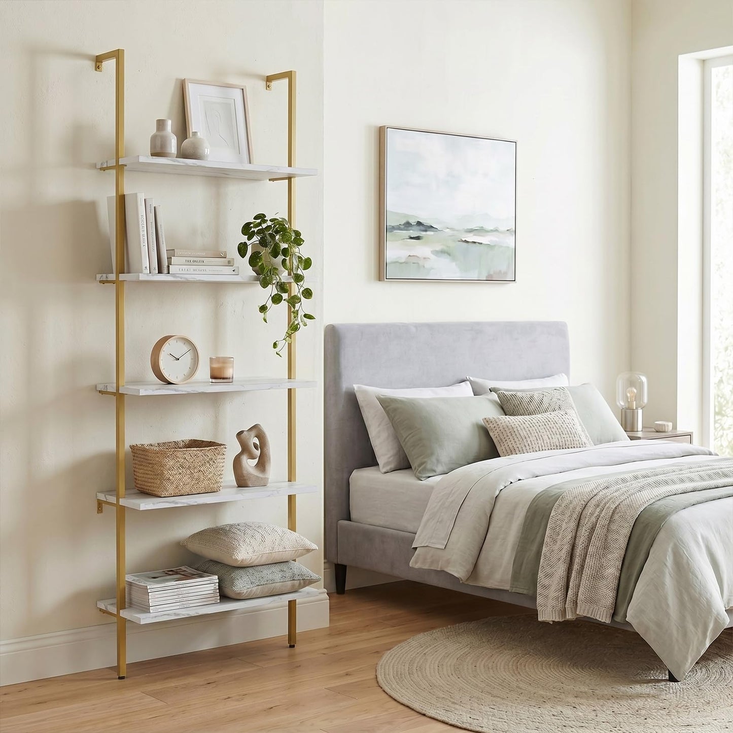aboxoo Ladder Shelf White Marble Bookshelf 5-Tier Wall-Mounted Wood Rack Industrial Modern Plant Flower Stand Utility Organizer Open Bookcase Metal Frame Furniture Office Kitchen Bedroom
