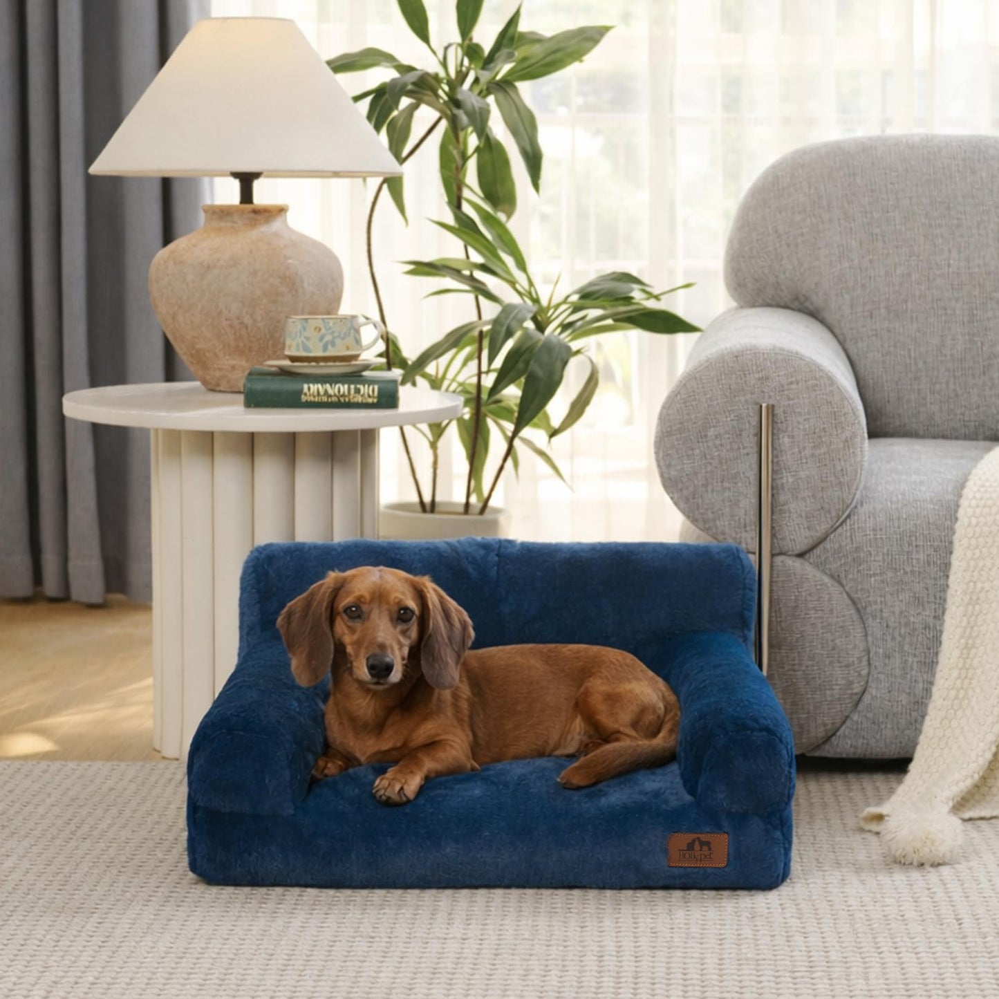 Hollypet Fluffy Dog Cat Bed Pet Couch Beds Plush Soft Warming Washable Puppy Bed for Small Medium Dogs and Large Cats, Cobalt Blue, 24" L x 18" W x 10" Th