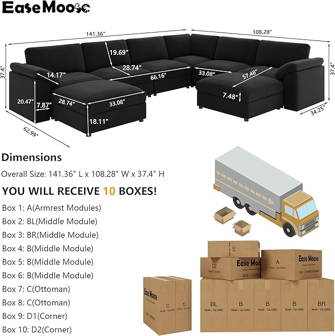 EASE MOOSE Oversized L Shaped Sectional Modular Sofa, Large U Shaped Sectional