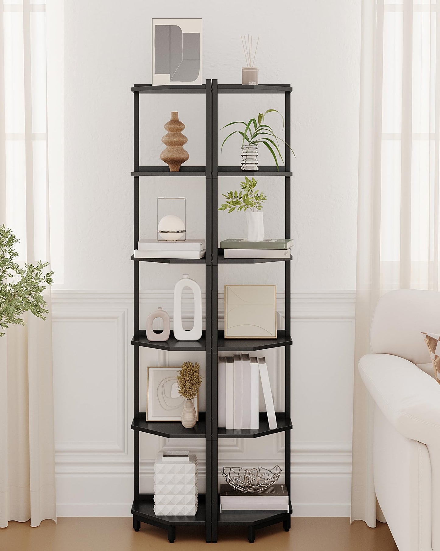 Hzuaneri Corner Shelf Stand, Corner Bookshelf, Storage Standing Shelf Unit with Metal Frame, Plant Stand, Bookcase for Living Room, Home Office, Bedroom, 6-Tier Black CS06006B